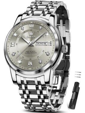 Men's Silver Grey Stainless Steel Luminous Quartz Waterproof Round Classic Watch